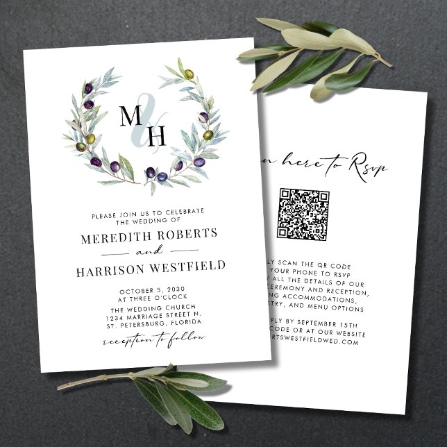 Invitation Branches d'olive Monogramme Mariage de couronne (Wedding Invitation QR Code RSVP Olive Branch Wreath Monogram Logo Ampersand White)