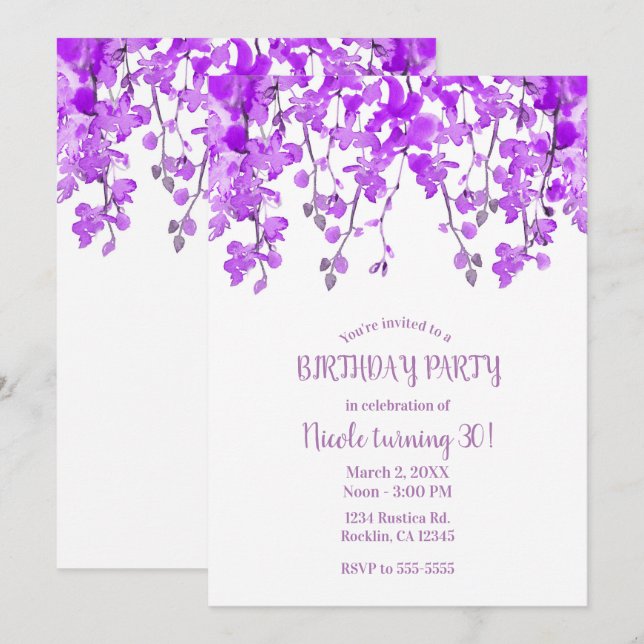 Invitation Branches d'orchidée violette Fête d'anniversaire f (Devant / Derrière)