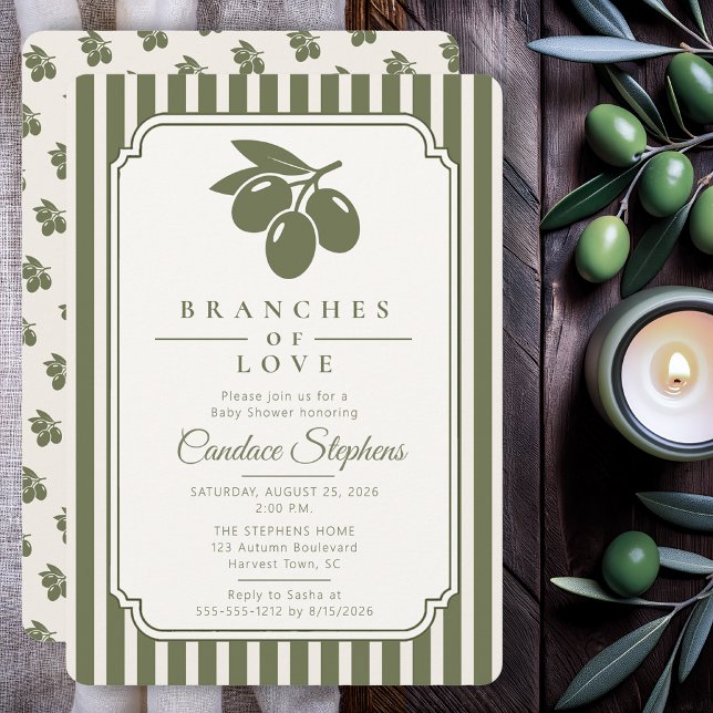 Invitation Branches Élégantes d'Amour Fête de Naissance Olive (Elegant olive branch baby shower invitation with sage stripes and timeless botanical styling.)