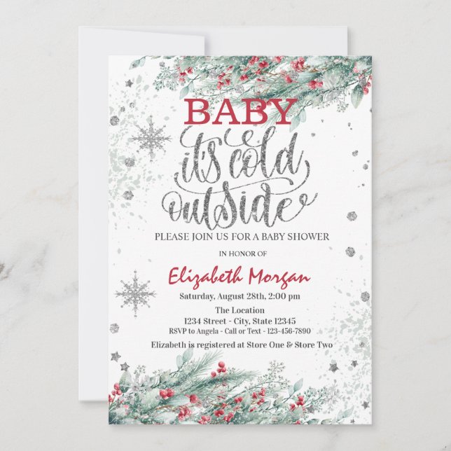 Invitation Branches Holly Berry Snowflakes Baby shower (Devant)