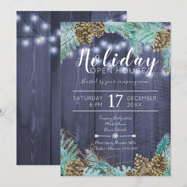 Invitation Branches vert pin avec cônes maison ouverte de vac (Devant / Derrière)