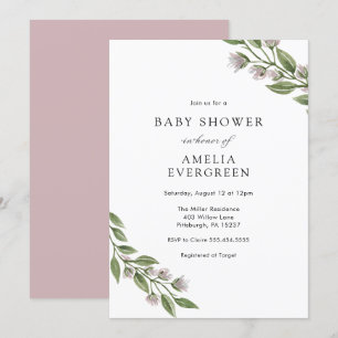 Invitation Branches vertes simples avec Baby shower lavande