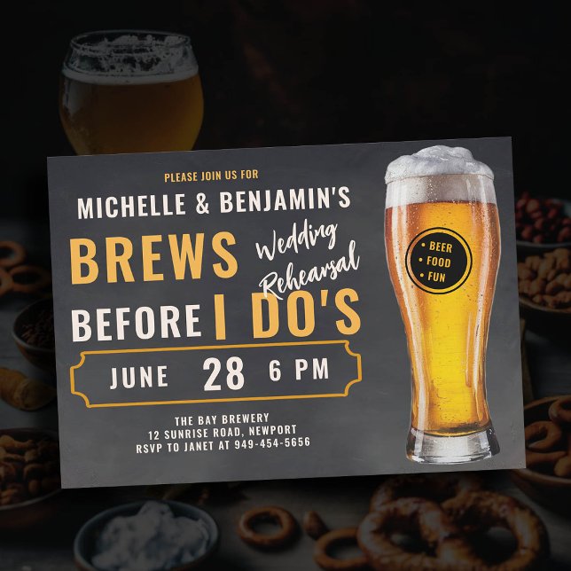 Invitation Brasserie avant I Dos Brasserie Mariage de répétit (brews before i dos wedding rehearsal dinner invitation brewery theme rustic chalk board beer glass)