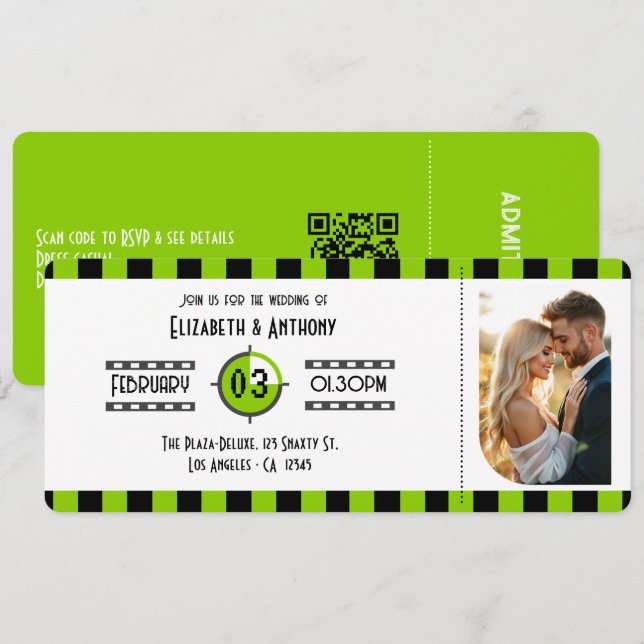 Invitation Brat Green, Black & White Cinema Ticket Wedding (Devant / Derrière)