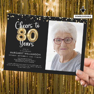 Invitation Bravo 80 ans Photo Script Balloon Confetti