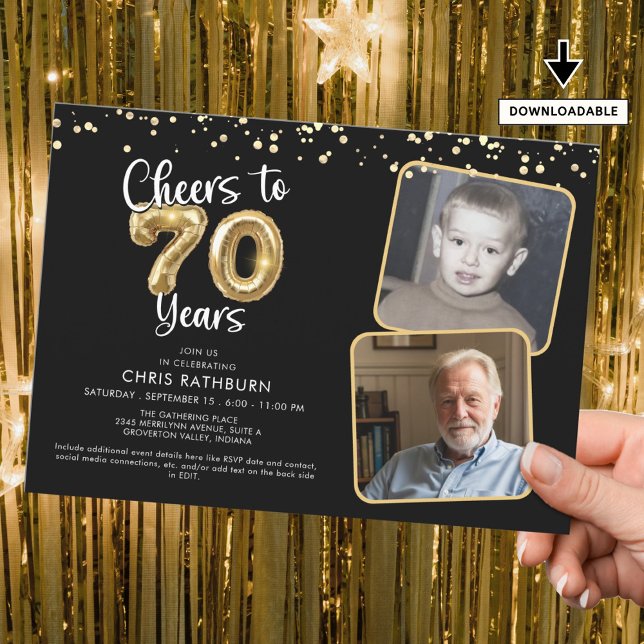 Invitation Bravo à 70 ans 2 Photos Script Balloon (Créateur téléchargé)