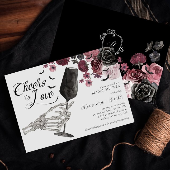 Invitation Bravo à aimer Skeleton main floral gothique nuptia (Cheers to Love Skeleton Hand Floral Gothic Bridal Invitation)