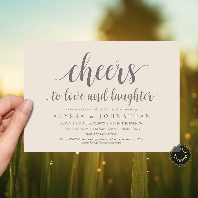 Invitation Bravo à l'amour et le rire, répétition Mariage (Cheers to love and laughter, Modern Wedding Rehearsal Dinner Invitation Card, PDF, Dark Grey Cream)