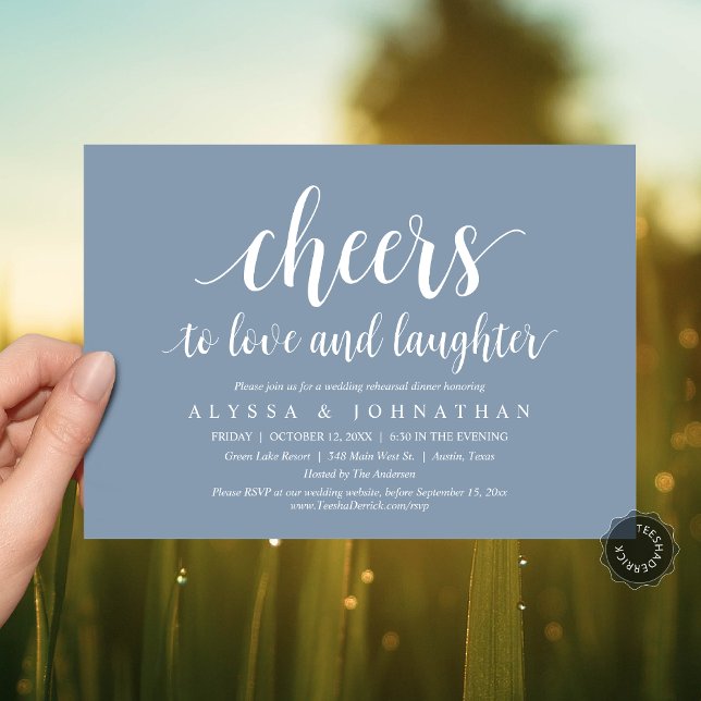 Invitation Bravo à l'amour et le rire, répétition Mariage (Cheers to love and laughter, Modern Wedding Rehearsal Dinner Invitation Card, PDF, Dusty Blue)