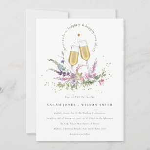 Invitation Bravo à l'amour Vins d'or Verres Mariage Floral
