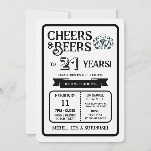 Invitation Brewery Surprise Cheers and Beers to 21 Years Invi (Devant)