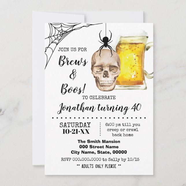 Invitation Brews & Boos Halloween Adulte Bière crâne d'annive (Devant)