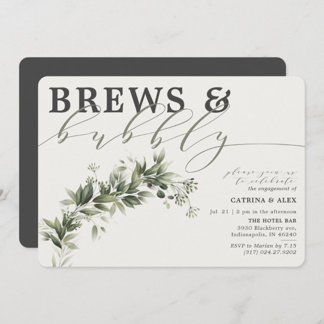 Invitation Brews Bubbly Grey Faded Green Party (Devant / Derrière)