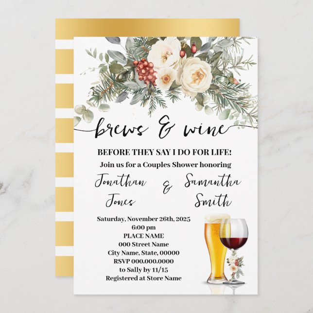 Invitation Brews & Wine Before I do Winter Couples Shower (Devant / Derrière)
