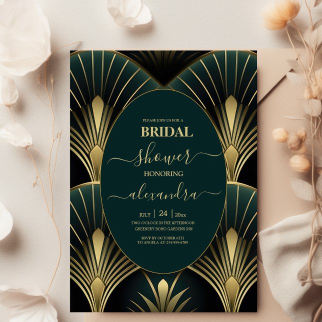 Invitation Bridal Art Déco Vert et Or sophistiquée (Créateur téléchargé)