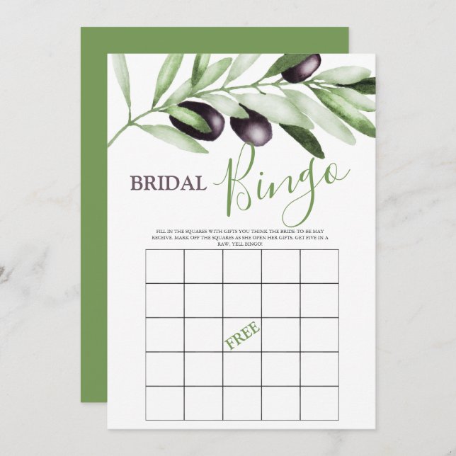 Invitation Bridal Bingo Olive Branches Fête des mariées (Devant / Derrière)