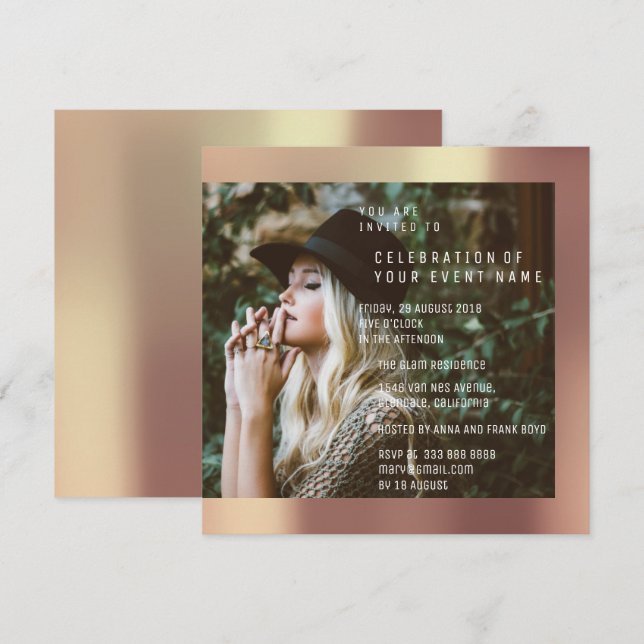 Invitation Bridal Photo Graduation Party Copper Rose Metallic (Devant / Derrière)