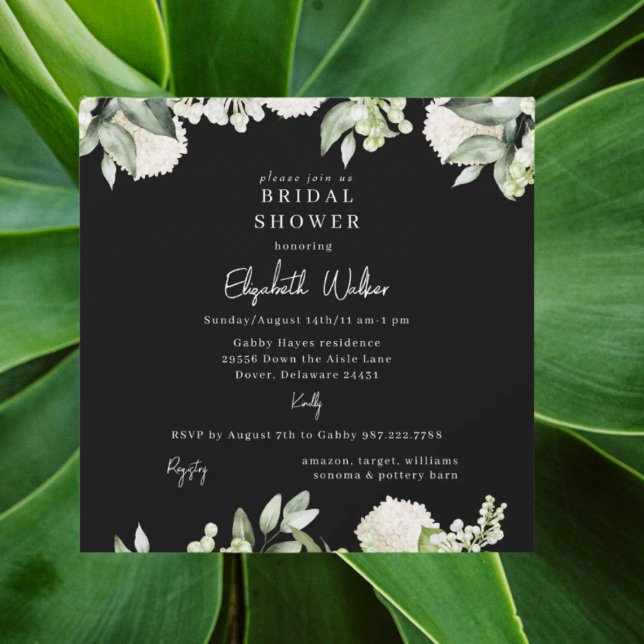 Invitation Bridal Shower Black White Hydrangea Square (Créateur téléchargé)