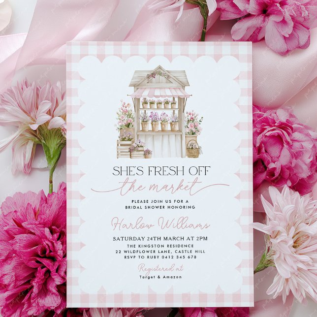 Invitation Bridal Shower Fresh off the Market Flower Market  (Pink Gingham Flower Cart Bridal Shower Invitation )