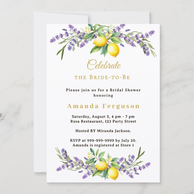 Invitation Bridal Shower lavender florals lemons (Devant)
