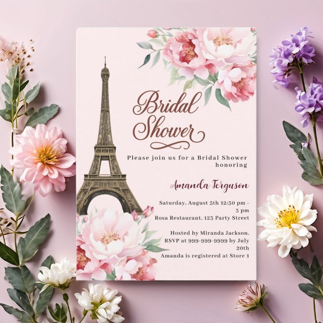 Invitation Bridal shower Paris Eiffel tower pink flowers (Créateur téléchargé)