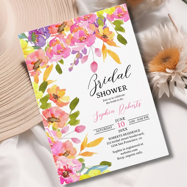 Invitation Bridal Shower watercolor flowers yellow and pink (Créateur téléchargé)
