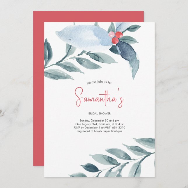 Invitation Bridal Shower Watercolor Red Berries Holiday Party (Devant / Derrière)