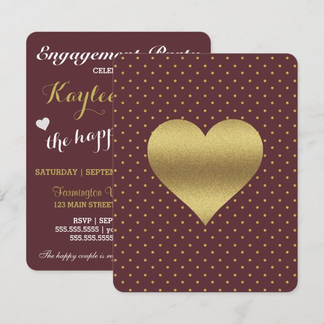Invitation BRIDE CO Bourgogne Et Gold Heart Polka Dot Party (Devant / Derrière)