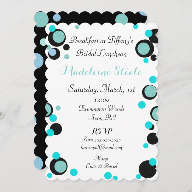 Invitation BRIDE & CO Turquoise Bleu Noir Polka Dot Party Dou (Devant / Derrière)