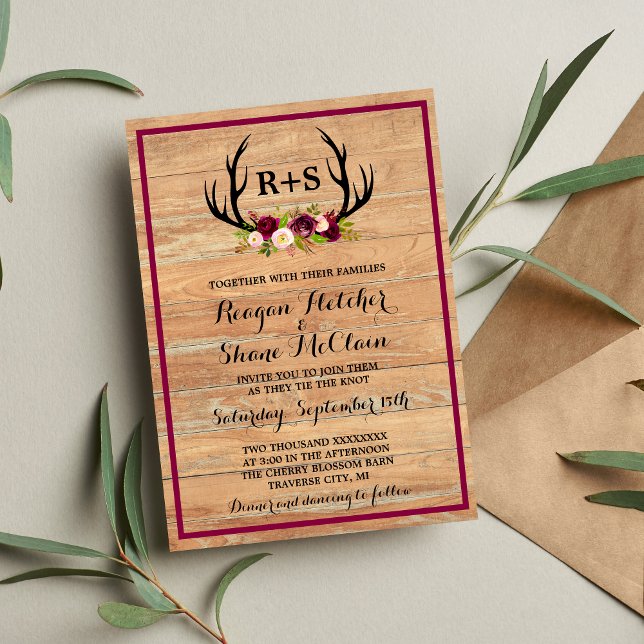 Invitation Bride de Cerf Floral Bourgogne Bois Mariage Rustiq (Créateur téléchargé)