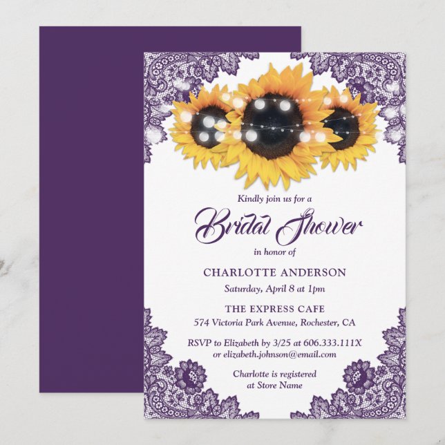 Invitation Bride de tournesol violet rustique chic (Devant / Derrière)