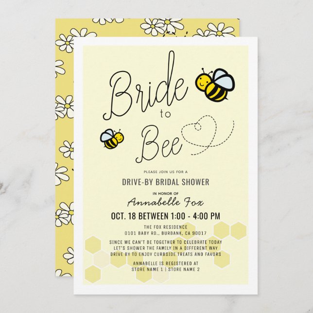 Invitation Bride to Bee Light Jaune Fête des mariées Drive-by (Devant / Derrière)