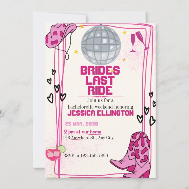 Invitation Brides Dernier Ride Bachelorette Week-end Itinérai (Devant)