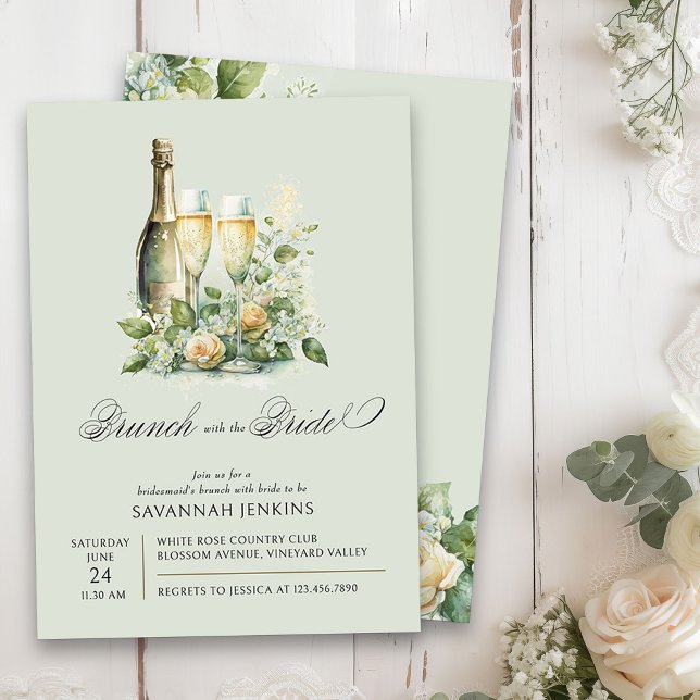 Invitation Bridesmaid Brunch avec la mariée Champagne Floral (Brunch with the Bride floral champagne bridesmaid's brunch invitation on light sage green)