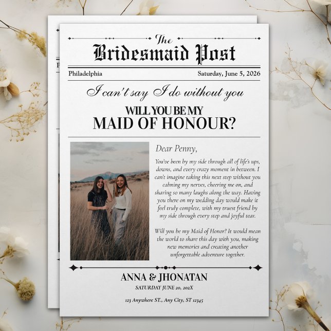 Invitation Bridesmaid Proposition Journal Photo Retro (Bridesmaid Proposal Newspaper Photo Retro Invitation)