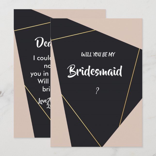 Invitation Bridesmaid rose noir et or géométrique (Devant / Derrière)