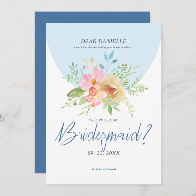Invitation Bridesmaid Typographie moderne Fleurs délicates (Devant / Derrière)