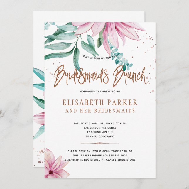 Invitation Bridesmaiers brunch rose floral glam nuptiale douc (Devant / Derrière)