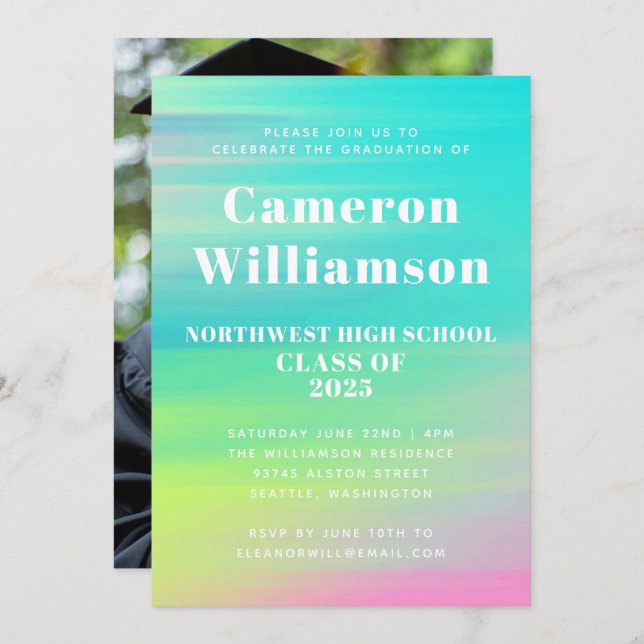 Invitation Bright Abstrait Watercolor Graduation Party Photo (Devant / Derrière)