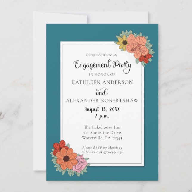 Invitation Bright and Bold Turquoise Blue Floral EngagParty (Devant)