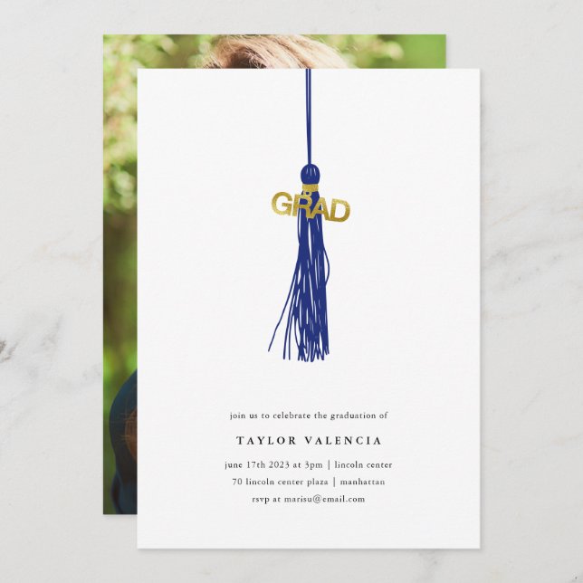 Invitation Bright Blue Tassel Graduation Party Photo personna (Devant / Derrière)