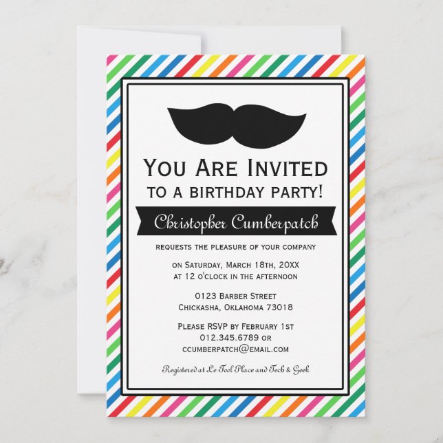 Invitation Bright Coloré Garçon Mustache fête d'anniversaire (Devant)
