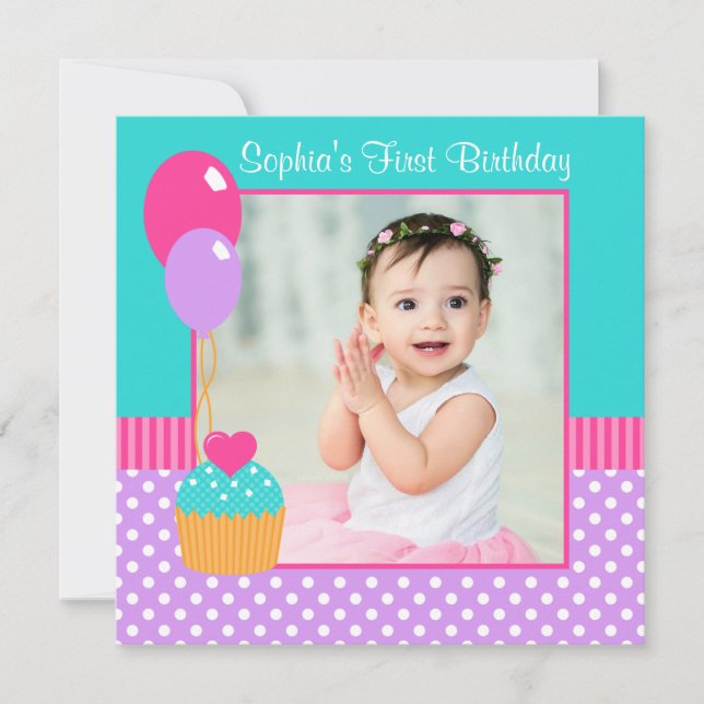 Invitation Bright Cupcake Polka Dot Girl 1er Anniversaire Pho (Devant)
