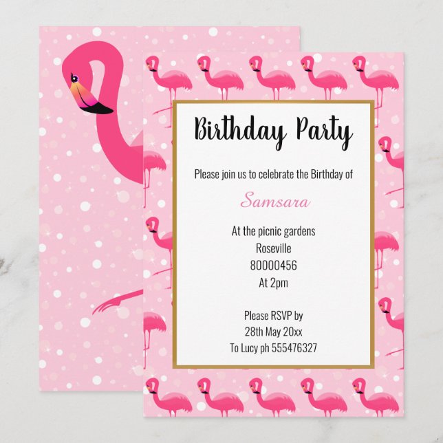 Invitation Bright Flamant rose rose bulle Anniversaire (Devant / Derrière)