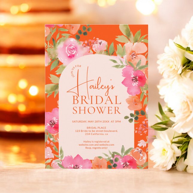 Invitation Bright Floral Boho Orange Fête des mariées (Bright Modern Floral Boho Orange Bridal Shower Invitation)