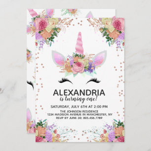 Invitation Bright Floral Unicorn Anniversaire