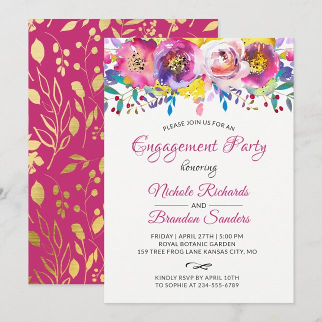 Invitation Bright Fuchsia Gold Floral Engagement Party (Devant / Derrière)