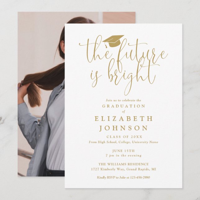 Invitation Bright Future Gold Script Photo Graduation Party (Devant / Derrière)