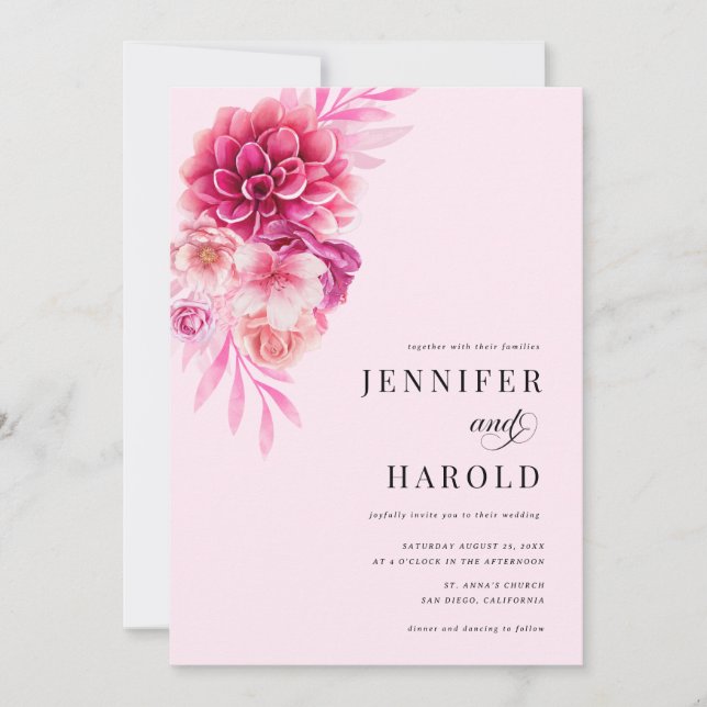 Invitation Bright Hot Rose Floral QR Code tout en un Mariage (Devant)