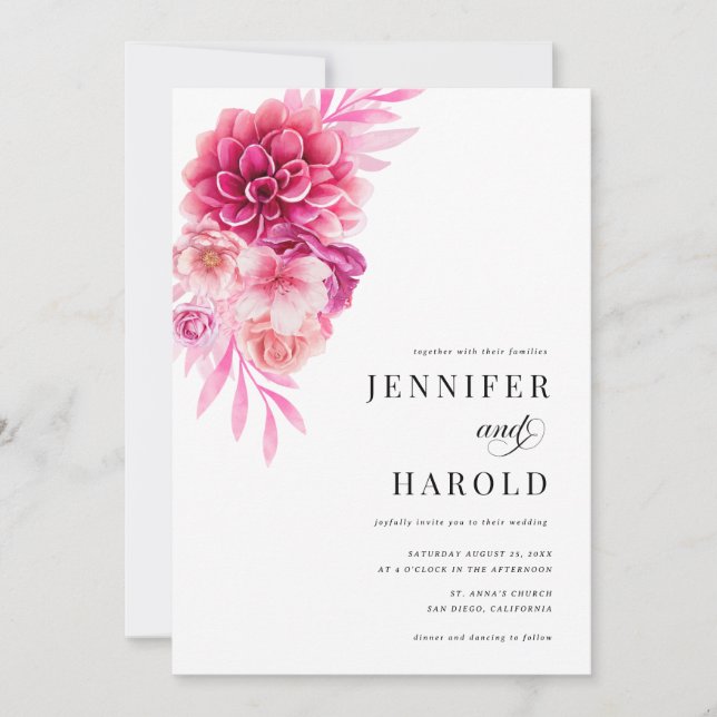 Invitation Bright Hot Rose Floral QR Code tout en un Mariage (Devant)